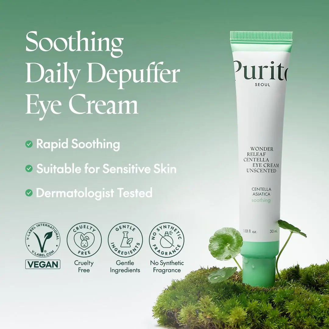 Tube of PURITO Wonder Releaf Centella Eye Cream Unscented 30ml displayed on moss with green background, highlighting soothing, depuffing, and dermatologist-tested features.