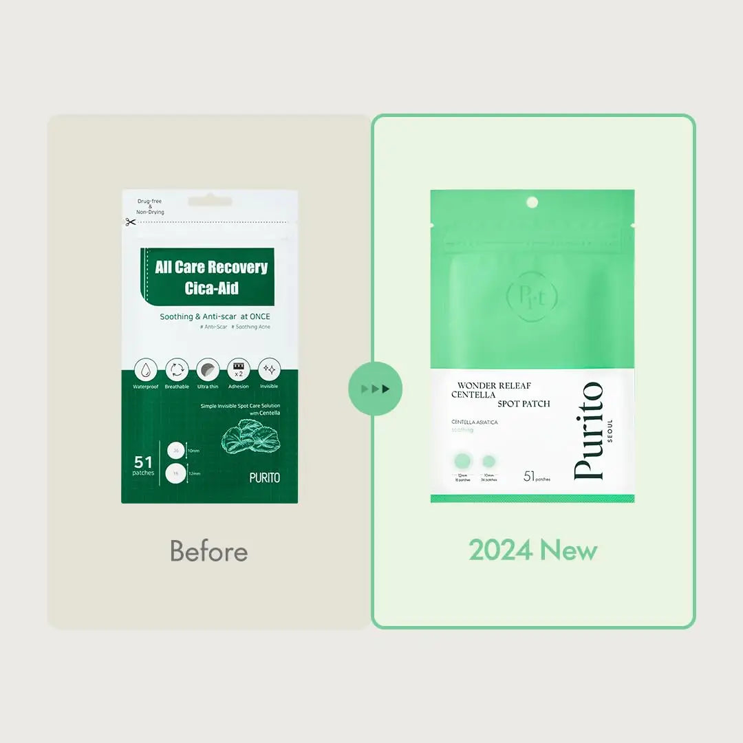 Comparison image showing the packaging redesign of PURITO Wonder Releaf Centella Spot Patch from the previous version to the updated 2024 new green and white design.