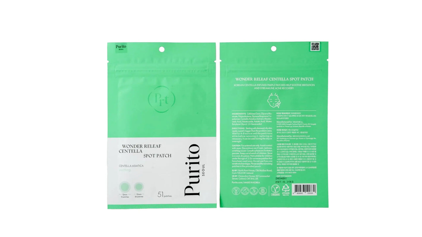Front and back view of a green and white resealable pouch packaging for PURITO Wonder Releaf Centella Spot Patch, featuring product information and branding.