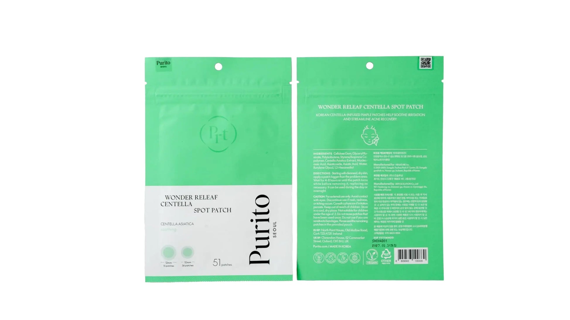 Front and back view of a green and white resealable pouch packaging for PURITO Wonder Releaf Centella Spot Patch, featuring product information and branding.