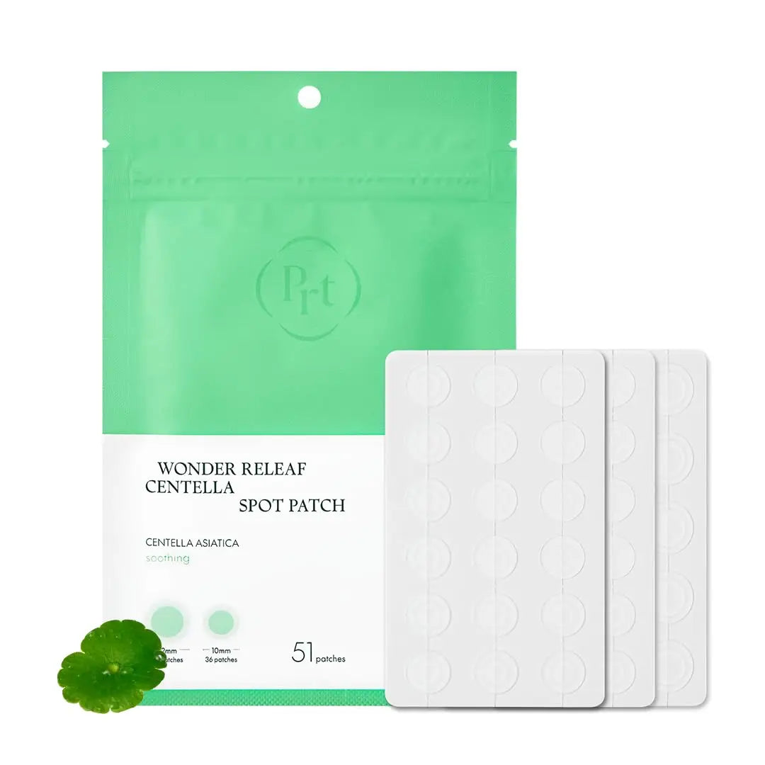PURITO Wonder Releaf Centella Spot Patch packaging with three sheets of transparent round acne patches and a centella leaf, designed for soothing skin and spot care.