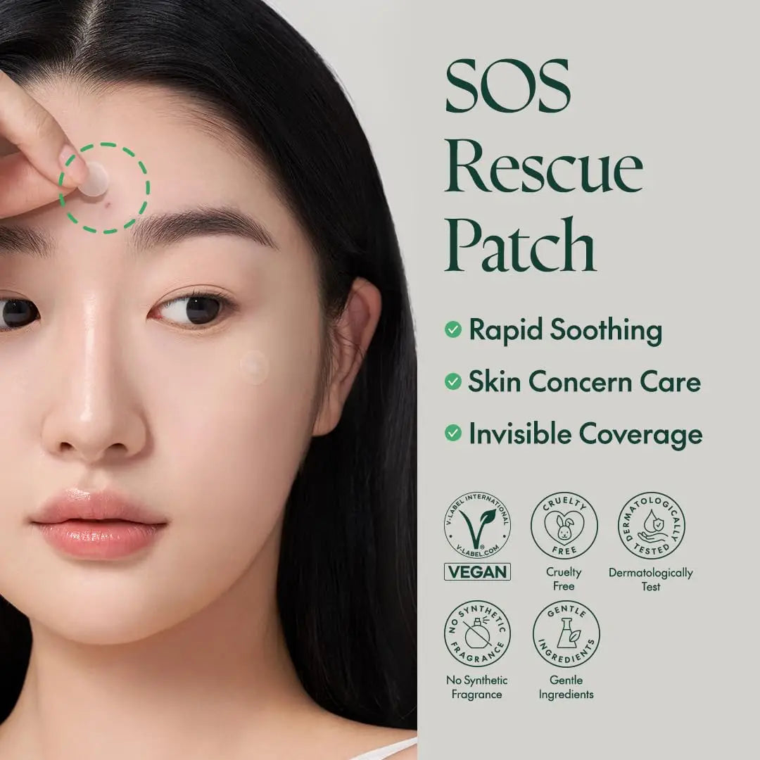 A woman applies a transparent PURITO Wonder Releaf Centella Spot Patch on her forehead, highlighting its features like rapid soothing, skin concern care, and invisible coverage with vegan and cruelty-free certifications.
