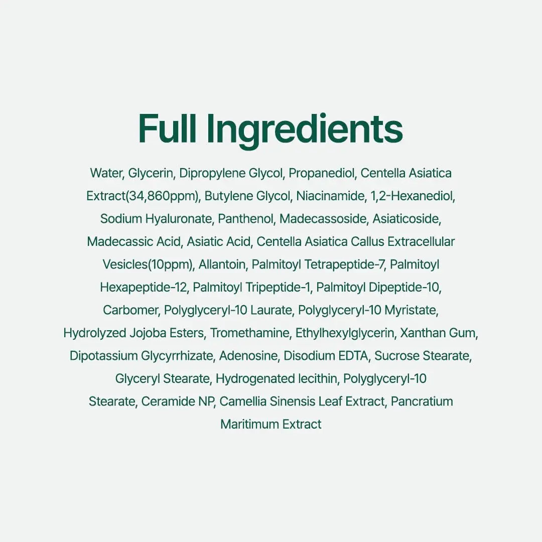 Full ingredients list for PURITO Wonder Releaf Centella Unscented Serum including Centella Asiatica Extract, Niacinamide, Sodium Hyaluronate, Panthenol, Madecassoside, peptides, Ceramide NP, and botanical extracts.
