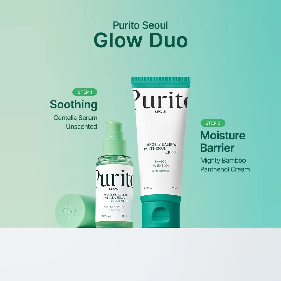 PURITO Wonder Releaf Centella Unscented Serum bottle with a green pump and cap displayed next to a tube of Mighty Bamboo Panthenol Cream, both on a light green background promoting a soothing and moisture barrier skincare duo.