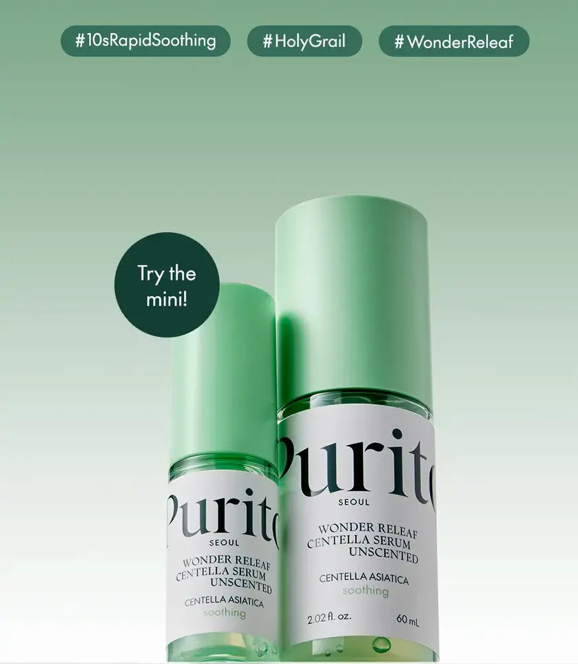 Two green-capped bottles of PURITO Wonder Releaf Centella Unscented Serum with "Try the mini!" text and hashtags #10sRapidSoothing, #HolyGrail, and #WonderReleaf on a green gradient background