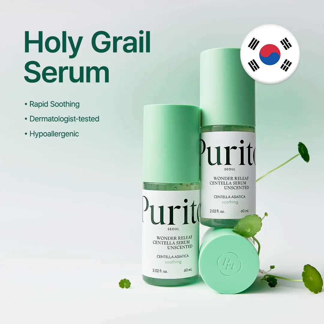 Two bottles of PURITO Wonder Releaf Centella Unscented Serum with green caps placed beside centella plant leaves, highlighting rapid soothing and hypoallergenic properties.