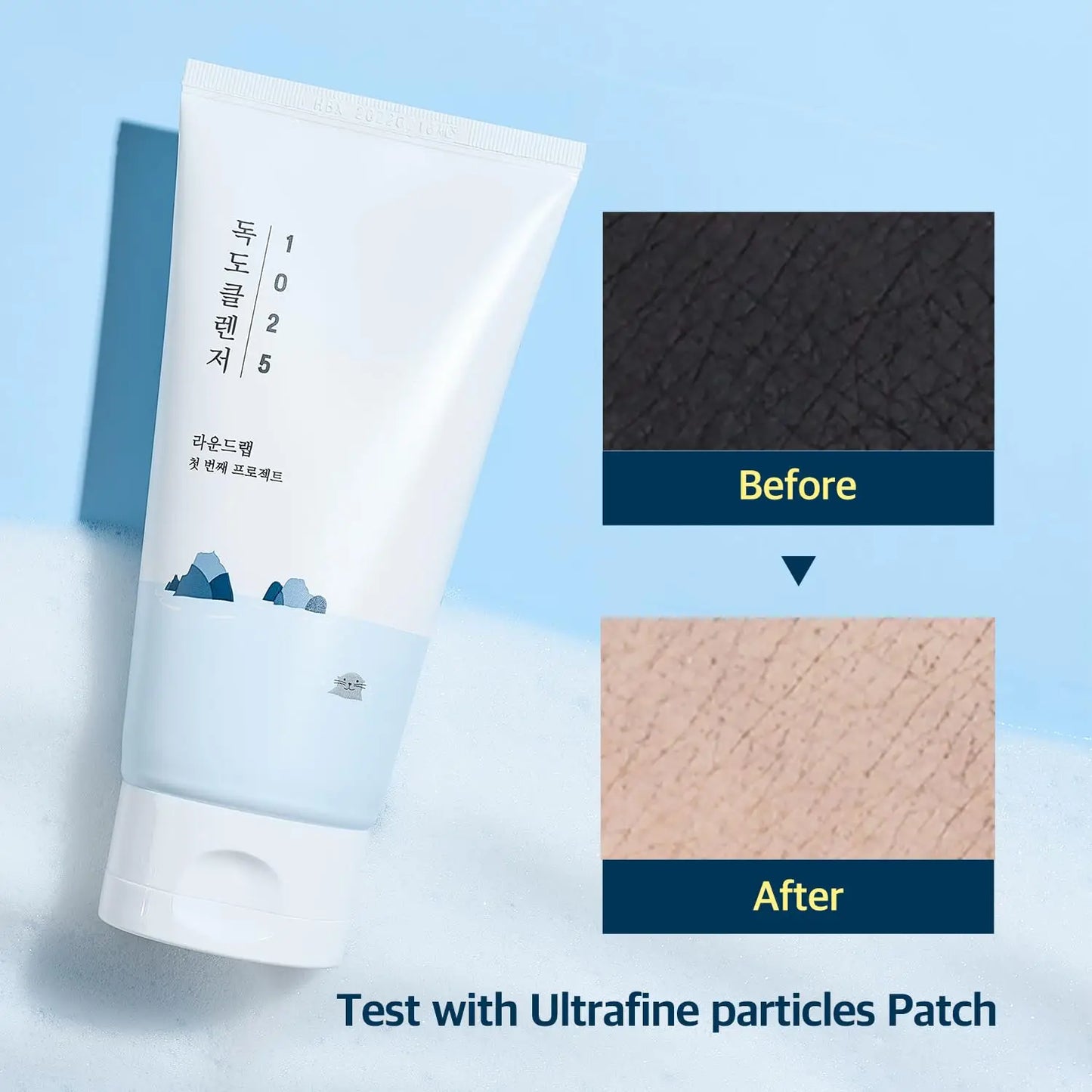 ROUND LAB 1025 Dokdo Cleanser 150ml tube shown with before and after skin texture close-ups demonstrating cleansing effects using ultrafine particles patch.