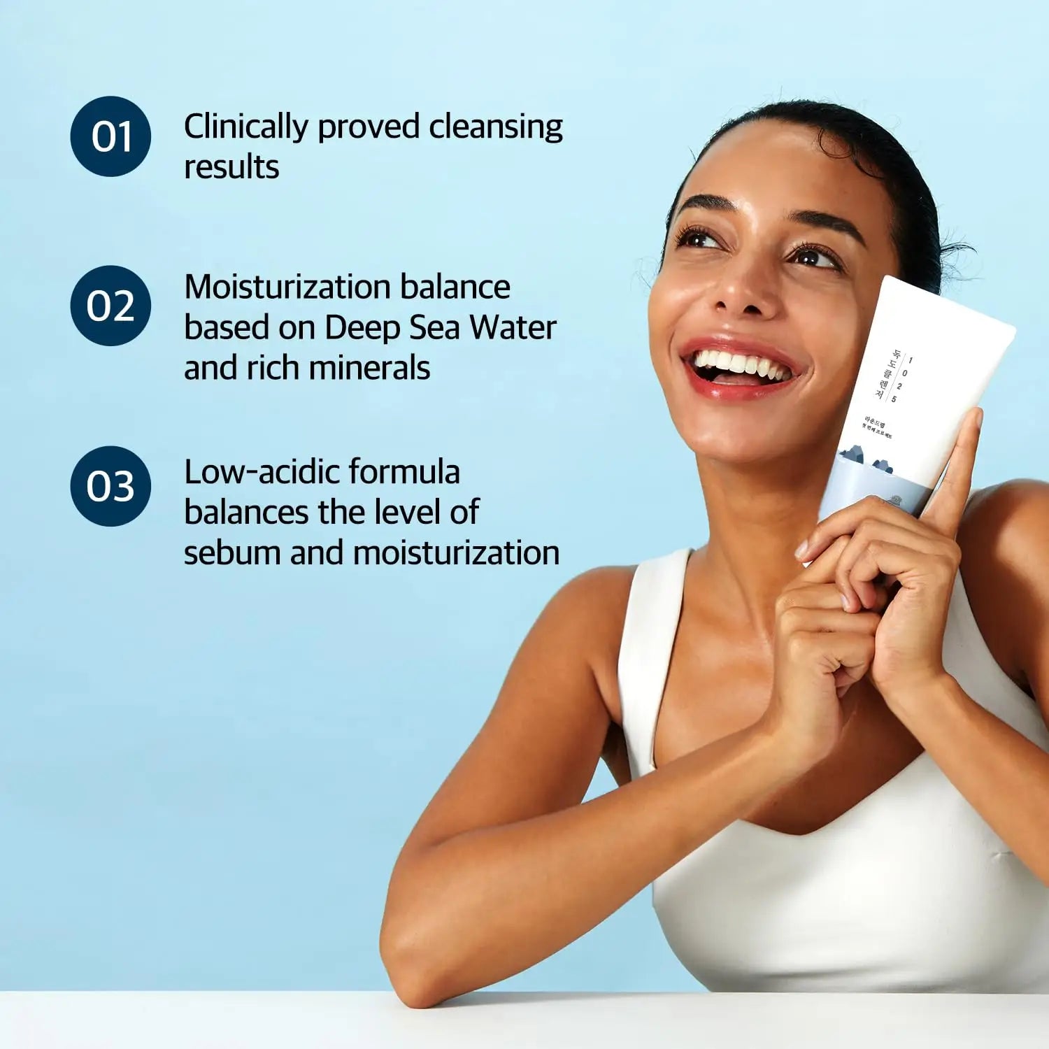 Smiling woman holding ROUND LAB 1025 Dokdo Cleanser 150ml tube with text highlighting clinically proved cleansing results, deep sea water minerals, and low-acidic formula benefits.