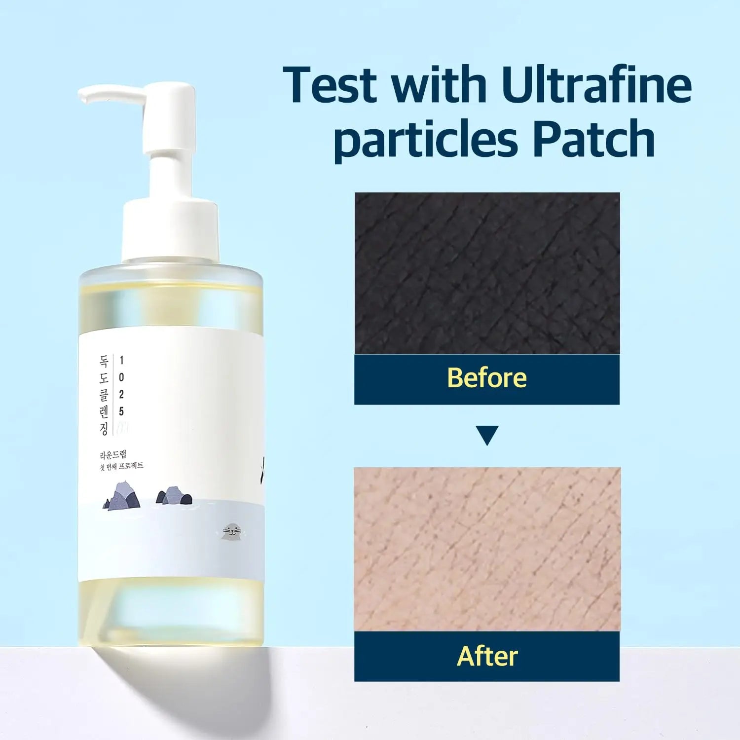 ROUND LAB 1025 Dokdo Cleansing Oil 200ml bottle with pump dispenser alongside before and after skin test images showing ultrafine particle removal results.