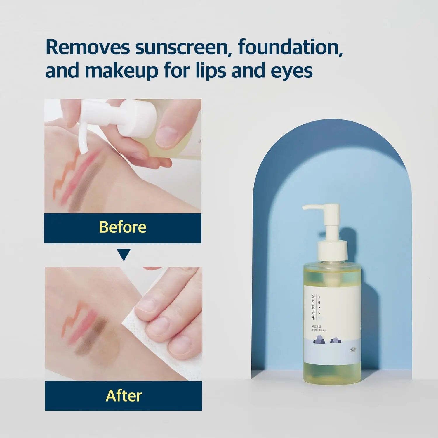Bottle of ROUND LAB 1025 Dokdo Cleansing Oil 200ml shown with before and after images demonstrating removal of sunscreen, foundation, and makeup for lips and eyes on a forearm.