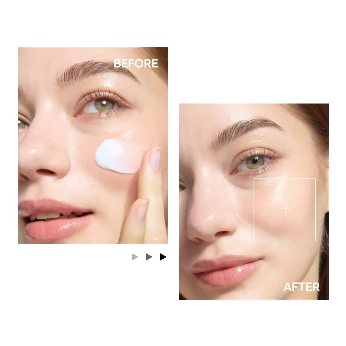 Close-up of a woman applying ROUND LAB 1025 DOKDO CREAM 80ml on her cheek with a visible before and after comparison highlighting improved skin hydration and glow.