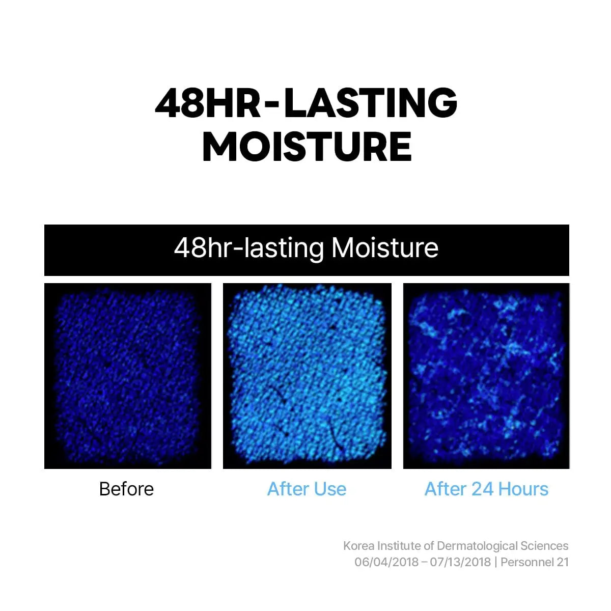 Comparison images showing skin moisture levels before, after use, and after 24 hours demonstrating 48hr-lasting moisture effect of ROUND LAB 1025 DOKDO CREAM 80ml