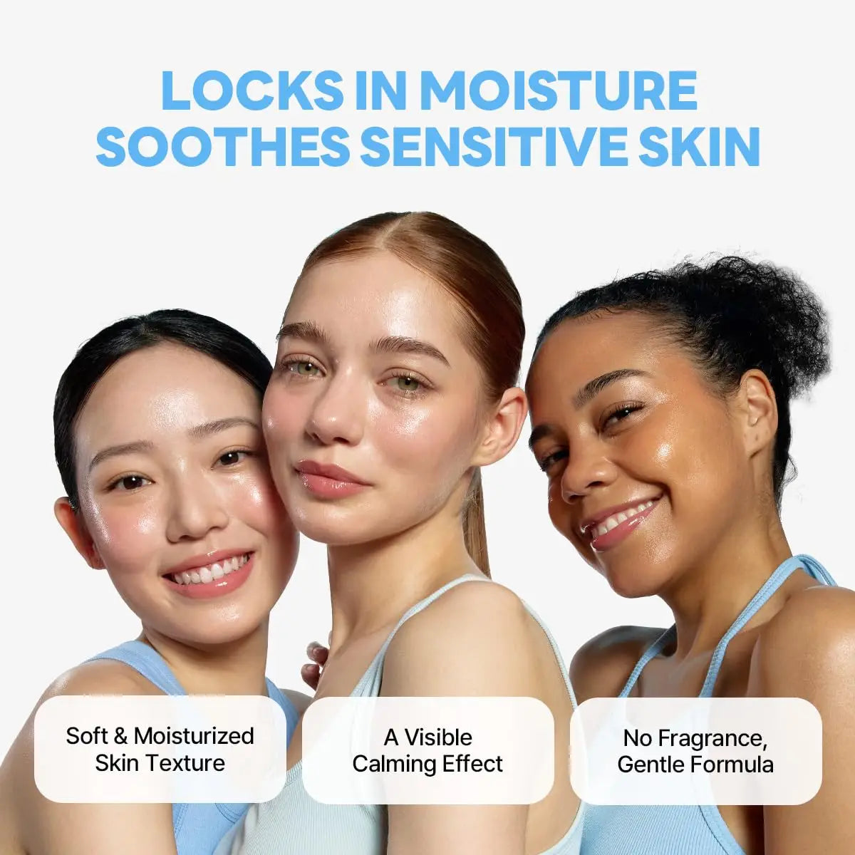 Three diverse women with glowing, hydrated skin smiling under text highlighting benefits of ROUND LAB 1025 DOKDO CREAM 80ml, including moisture locking, soothing sensitive skin, and gentle, fragrance-free formula.
