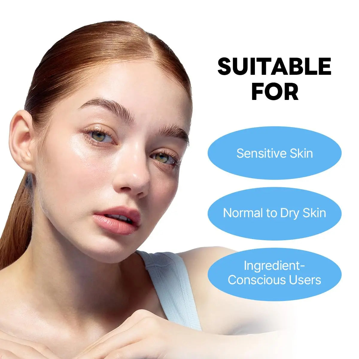Young woman with clear skin posing next to text highlighting ROUND LAB 1025 DOKDO CREAM 80ml suitability for sensitive, normal to dry skin, and ingredient-conscious users