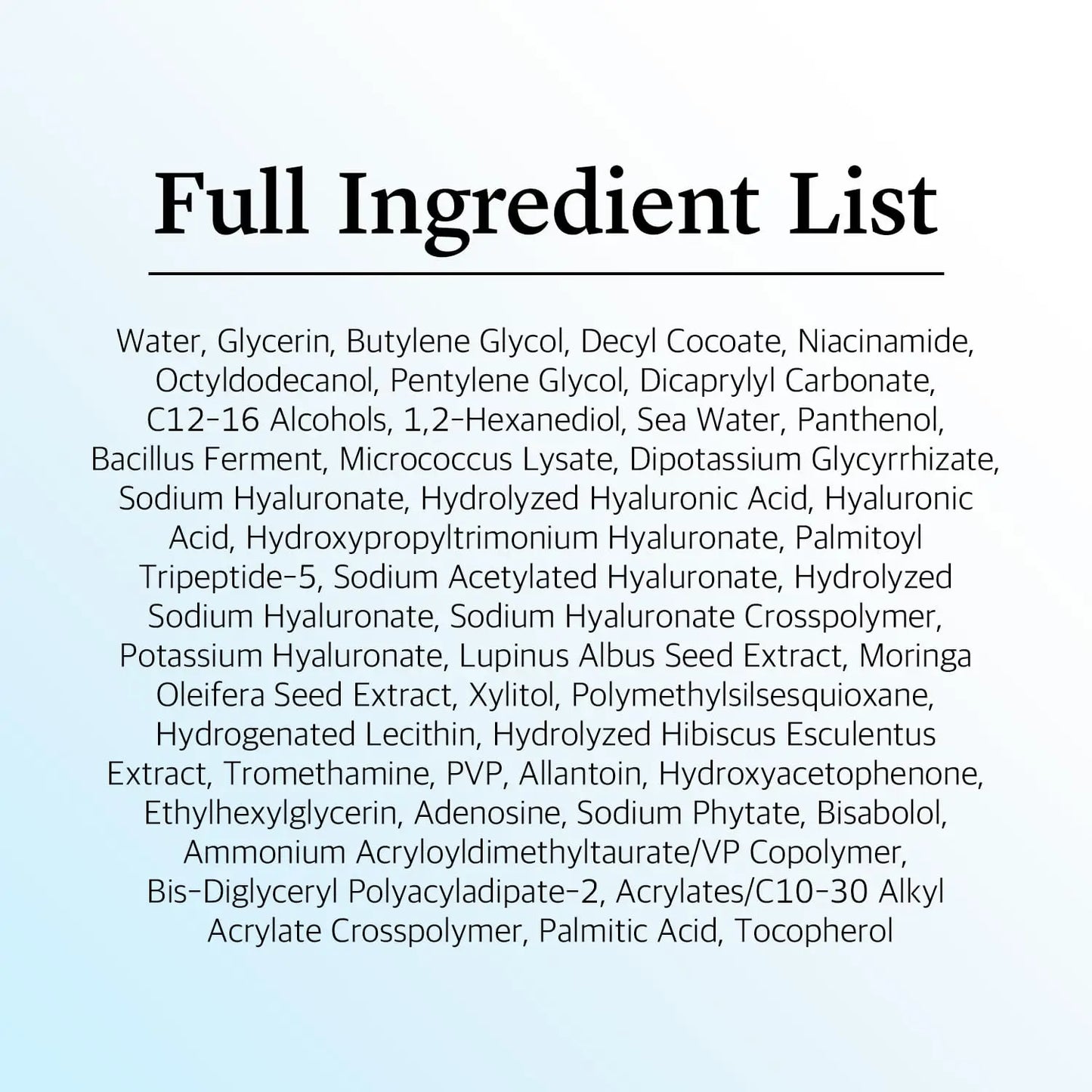 Full ingredient list for Round Lab 1025 Dokdo Eye cream 30ml including water, glycerin, niacinamide, sea water, panthenol, various hyaluronic acid forms, plant extracts like lupinus albus seed and moringa oleifera seed, bisabolol, adenosine, and tocopherol.