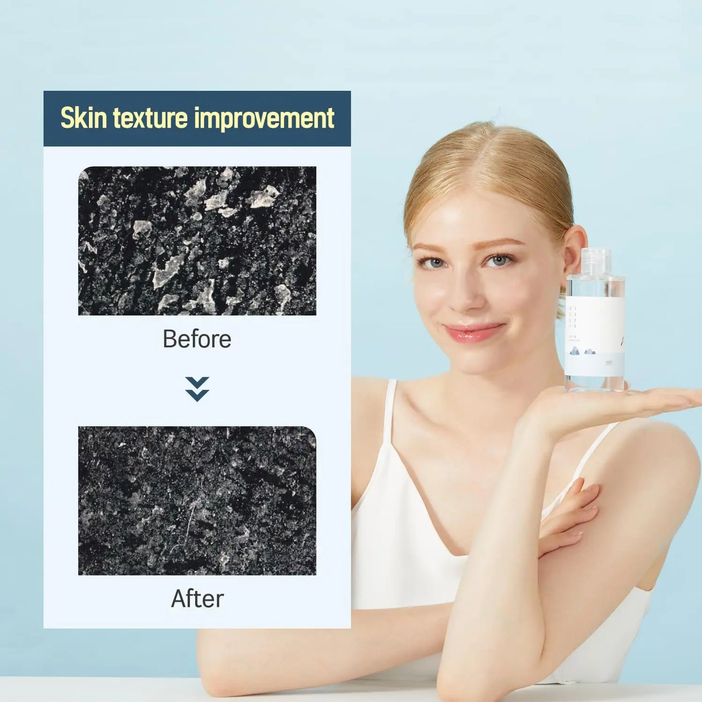 A smiling woman with clear skin holds a bottle of ROUND LAB 1025 Dokdo Toner 100ml next to a graphic showing skin texture improvement with before and after close-up images.
