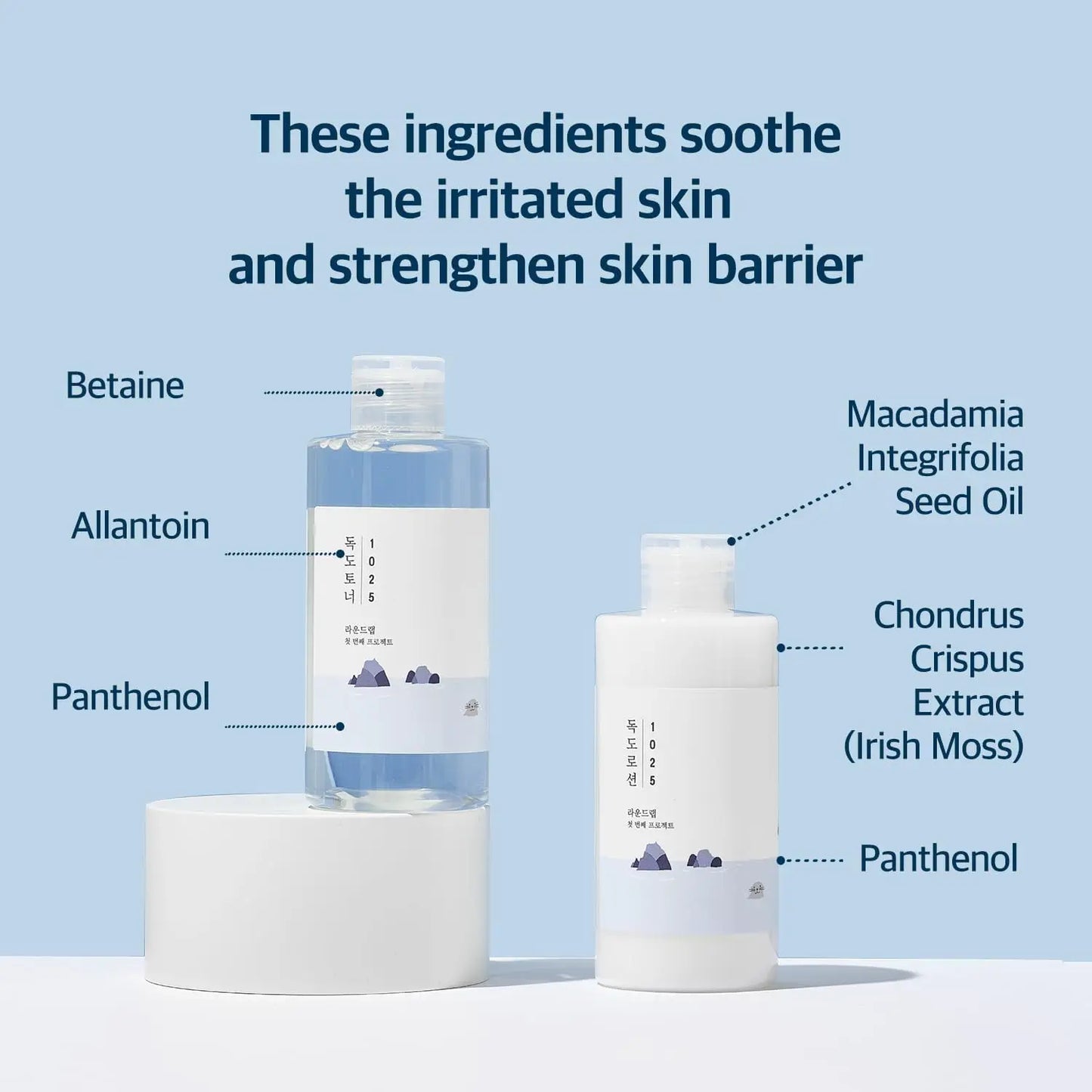Round LAB 1025 Dokdo Toner 200ml + Dokdo Lotion 200ml with ingredients like Betaine, Allantoin, Panthenol, Macadamia Integrifolia Seed Oil, and Chondrus Crispus Extract to soothe irritated skin and strengthen the skin barrier.