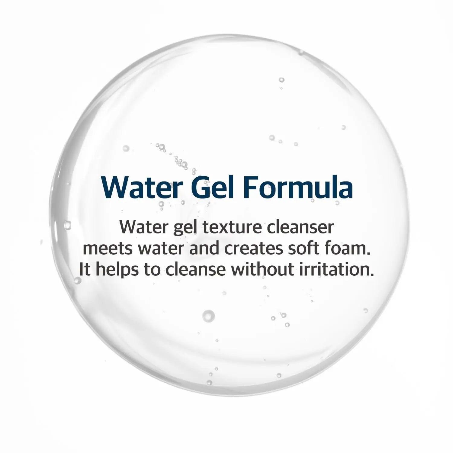 Clear gel droplet with text describing water gel formula that creates soft foam for gentle cleansing, promoting irritation-free use for ROUND LAB Birch Juice Moisturizing Cleanser 150ml.