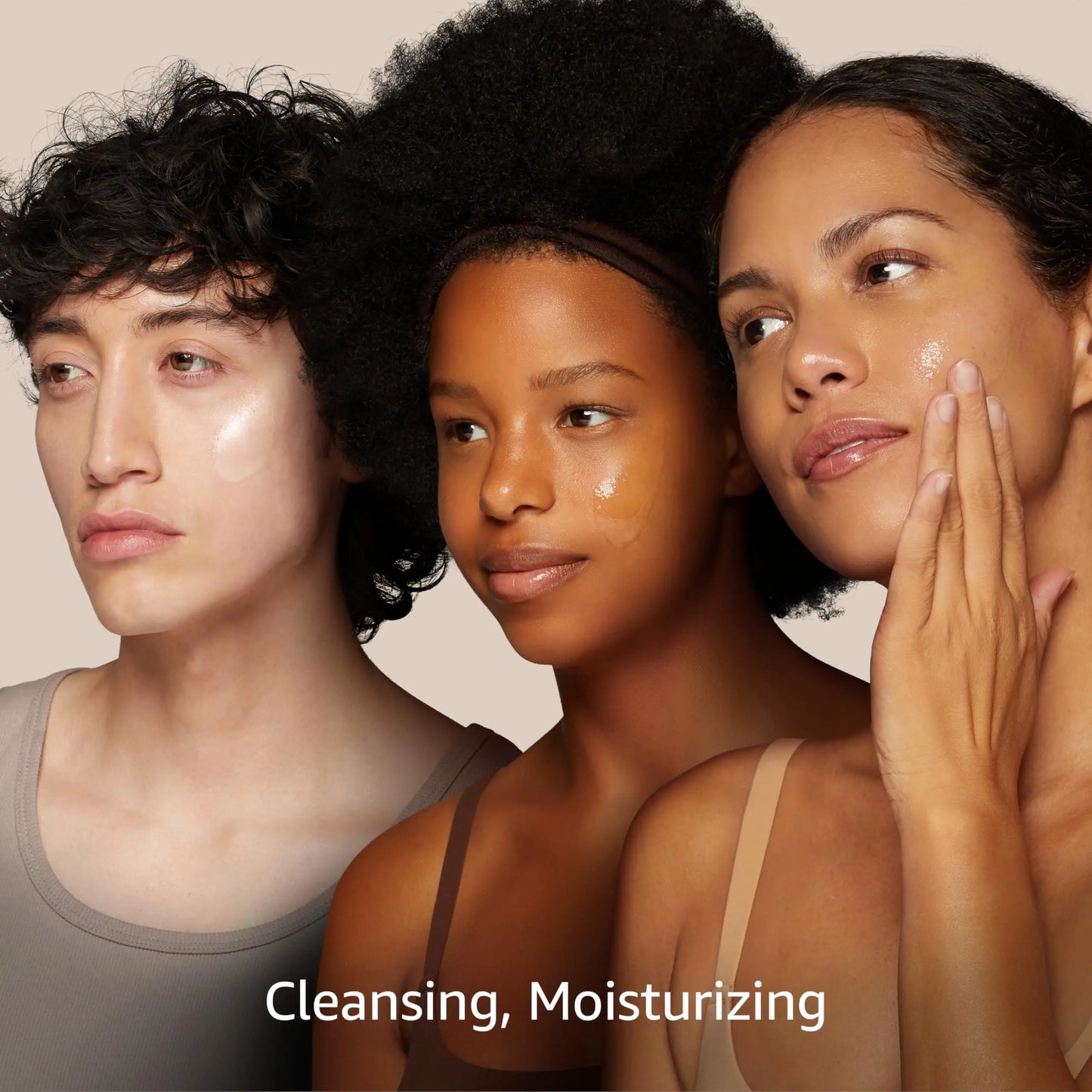 Three diverse models with glowing skin apply moisturizer, promoting hydration and cleansing benefits of ROUND LAB Birch Juice Moisturizing Cleanser 150ml.