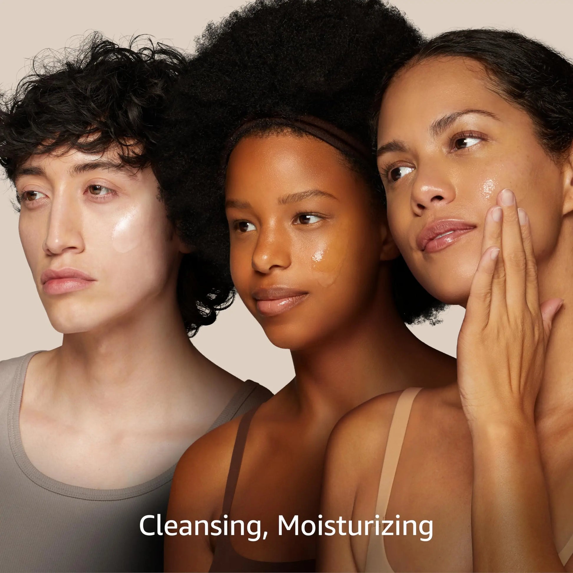 Three diverse models with glowing skin apply moisturizer, promoting hydration and cleansing benefits of ROUND LAB Birch Juice Moisturizing Cleanser 150ml.