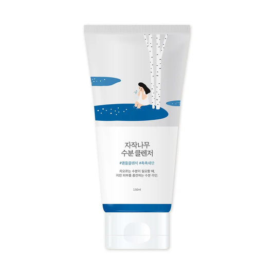 Tube of ROUND LAB Birch Juice Moisturizing Cleanser 150ml featuring minimalist white and blue design with an illustration of a person sitting by birch trees near water.
