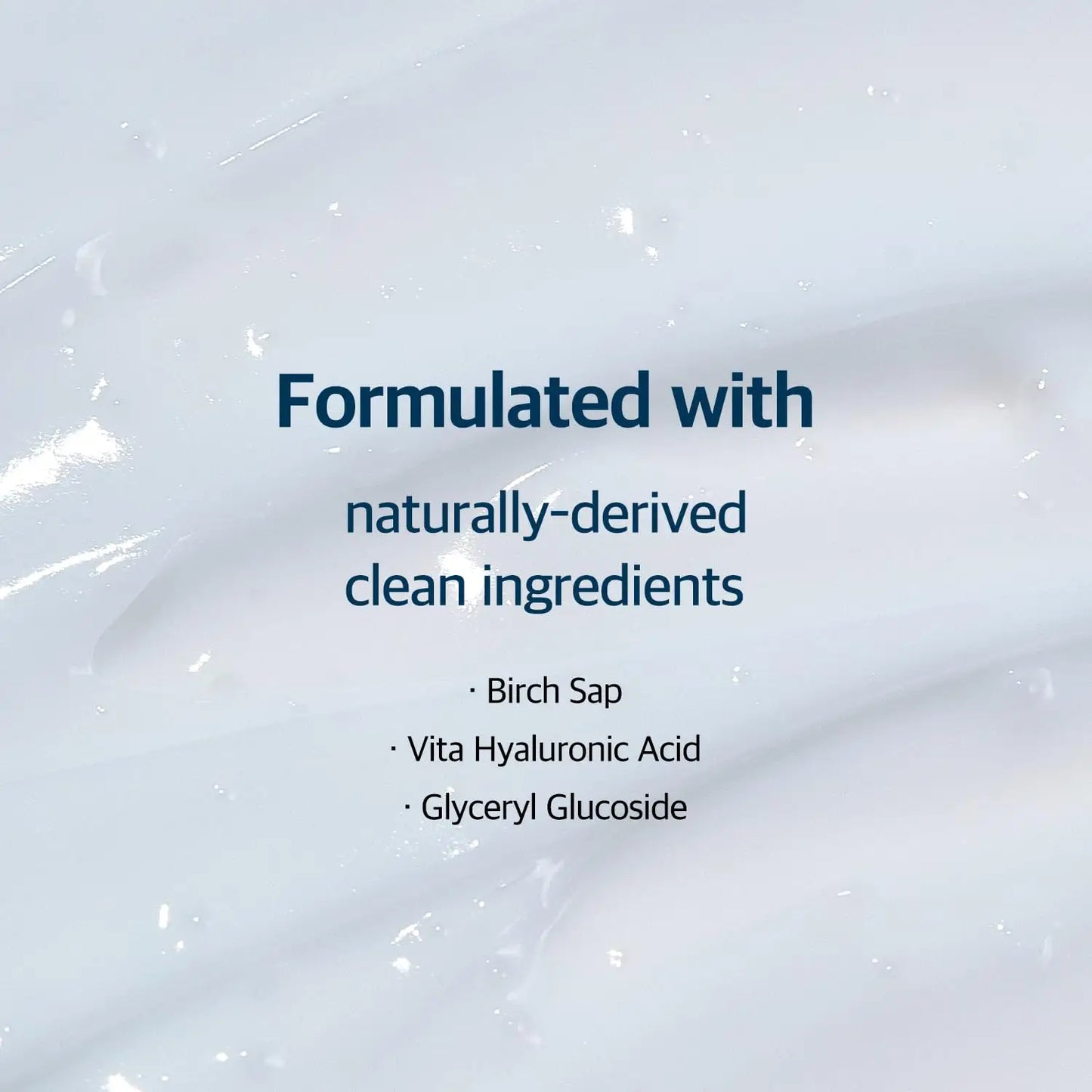 Close-up of white cream texture with text highlighting ROUND LAB Birch Juice Moisturizing Cream 80ml formulated with naturally-derived clean ingredients including birch sap, hyaluronic acid, and glyceryl glucoside.