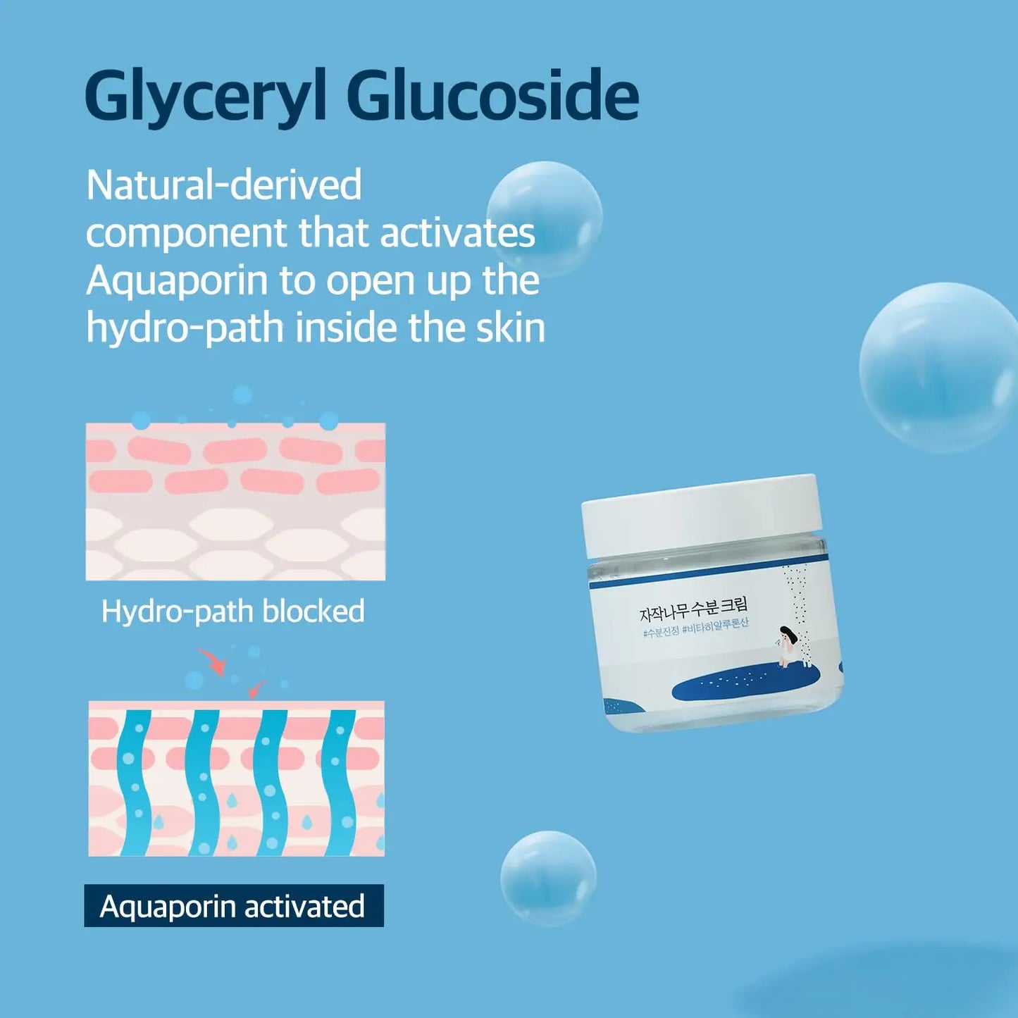 ROUND LAB Birch Juice Moisturizing Cream 80ml shown with illustration of Glyceryl Glucoside activating aquaporin to open hydro-path inside the skin for improved hydration.