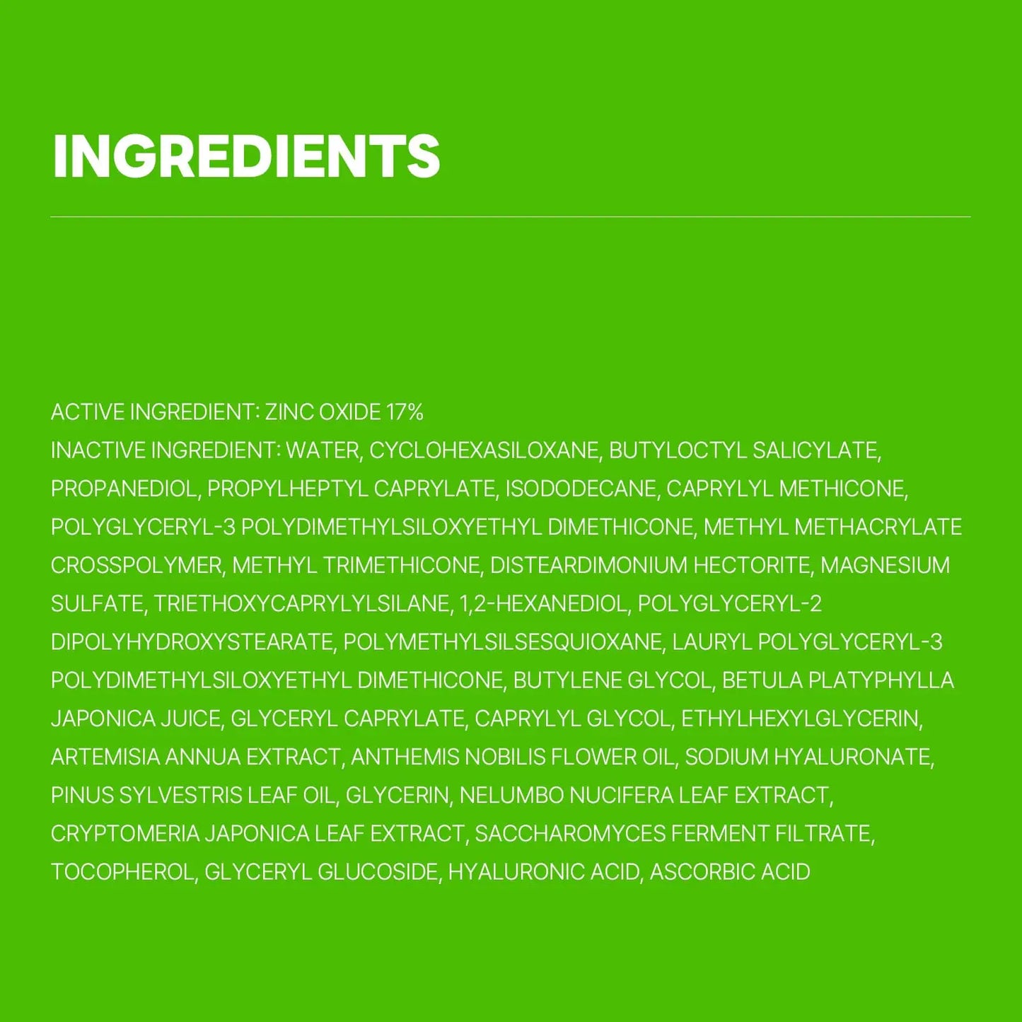Ingredients list on a bright green background detailing active and inactive components such as zinc oxide, birch juice, hyaluronic acid, and various plant extracts for ROUND LAB Birch Juice Moisturizing Sunscreen 50ml + ROUND LAB Birch Juice Moisturizing Mild Up Sunscreen 50ml.