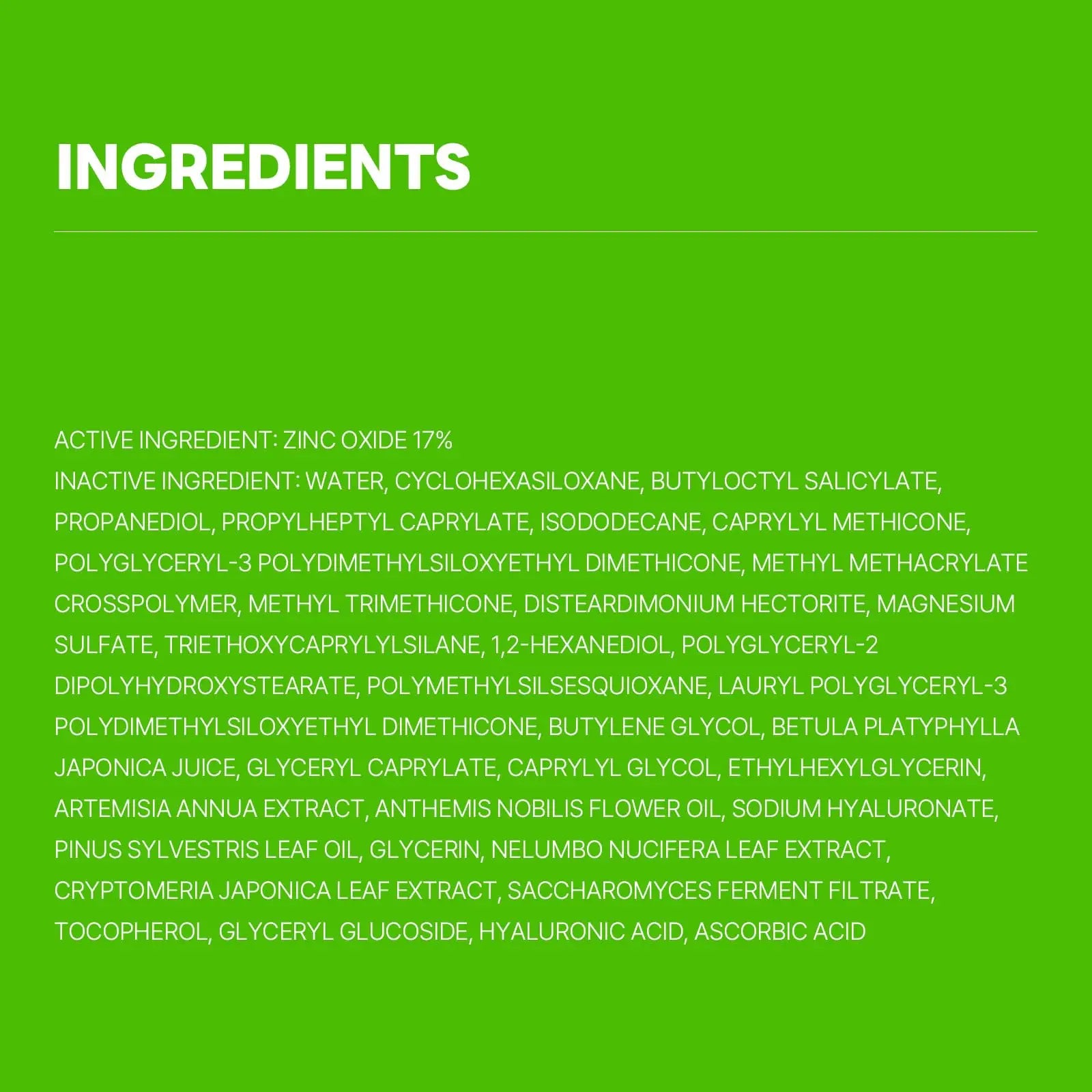 Ingredients list on a bright green background detailing active and inactive components such as zinc oxide, birch juice, hyaluronic acid, and various plant extracts for ROUND LAB Birch Juice Moisturizing Sunscreen 50ml + ROUND LAB Birch Juice Moisturizing Mild Up Sunscreen 50ml.