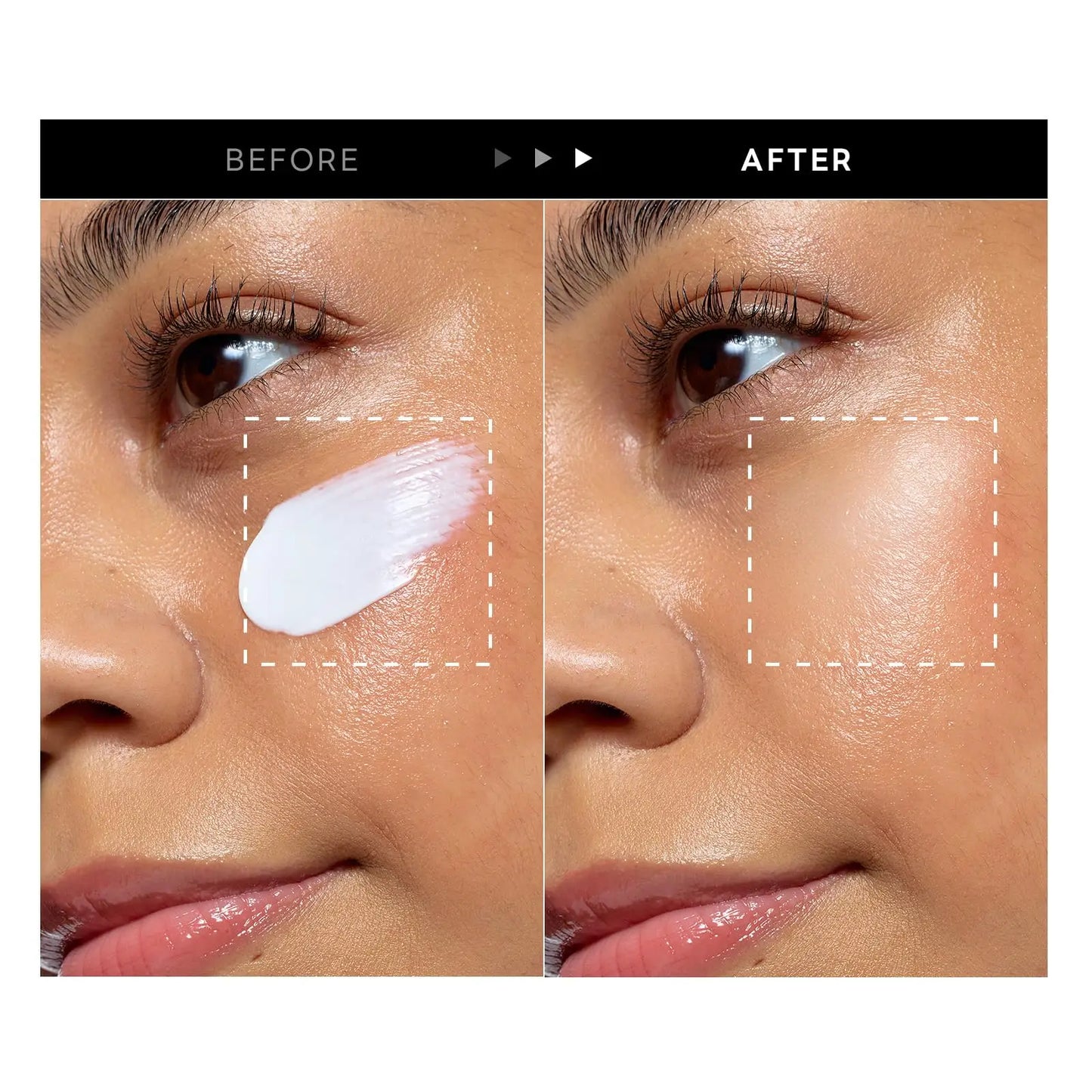 Close-up before and after comparison of a woman's cheek showing the application and absorption of ROUND LAB Birch Juice Moisturizing Mild Up Sunscreen 50ml, highlighting its smooth, moisturizing finish.