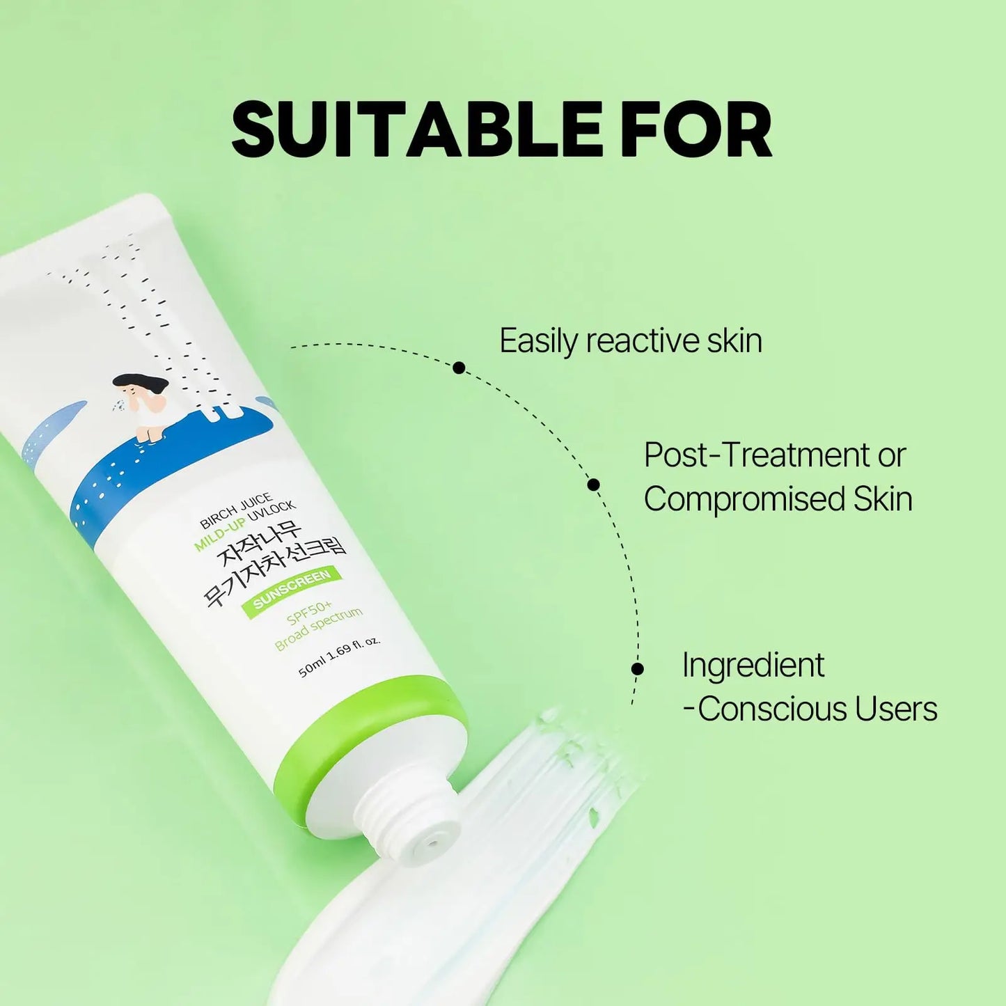 Image of ROUND LAB Birch Juice Moisturizing Mild Up Sunscreen 50ml with white cream texture, highlighting suitability for easily reactive skin, post-treatment or compromised skin, and ingredient-conscious users on a light green background.