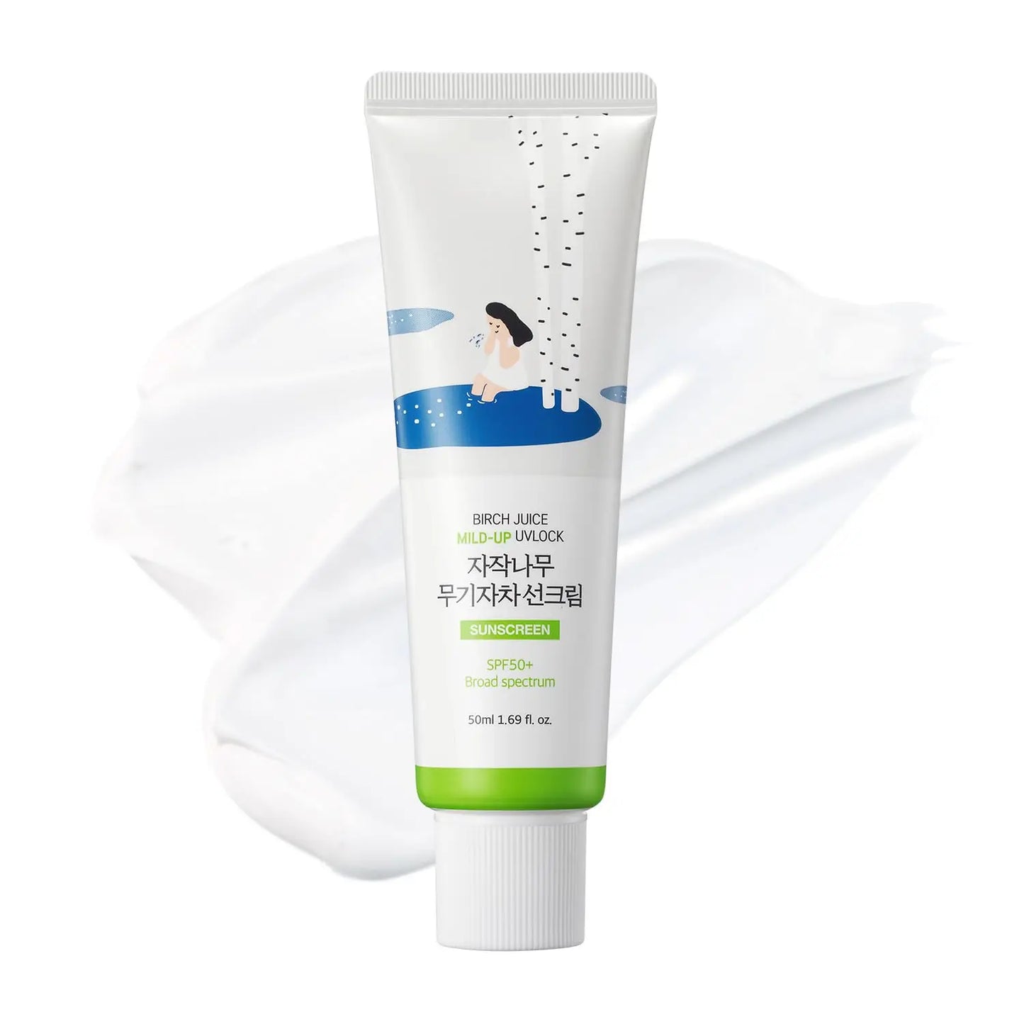 ROUND LAB Birch Juice Moisturizing Mild Up Sunscreen 50ml tube with white creamy sunscreen spread in the background, featuring a blue and green label design.