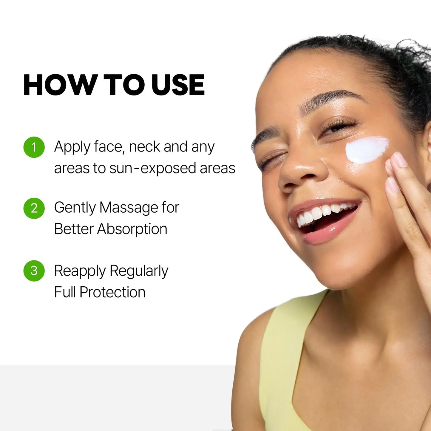 Smiling woman applies moisturizing sunscreen cream to cheek with instructions on how to use ROUND LAB Birch Juice Moisturizing Sunscreen 50ml + ROUND LAB Birch Juice Moisturizing Mild Up Sunscreen 50ml for full sun protection.