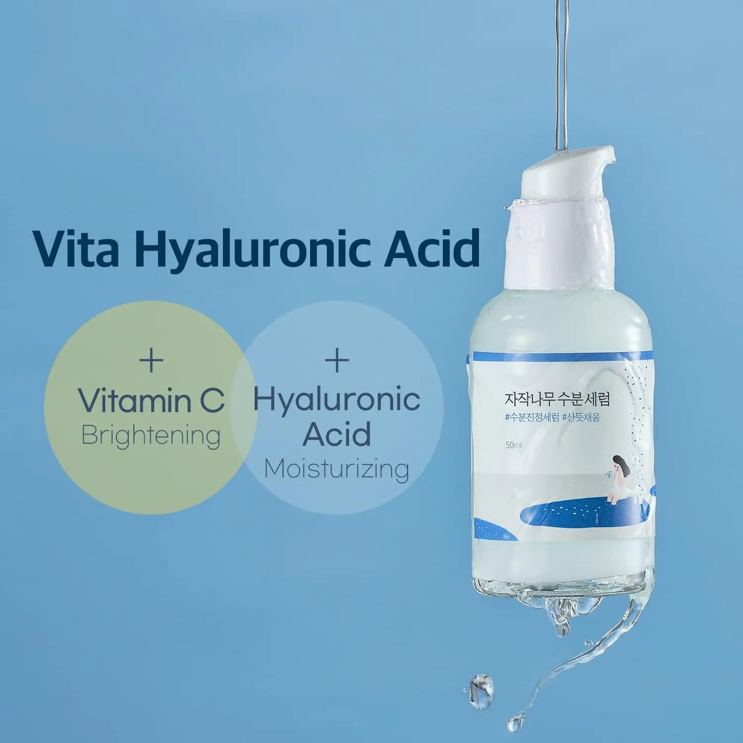 ROUND LAB Birch Juice Moisturizing Serum (50 ml) with hyaluronic acid and vitamin C for brightening and moisturizing, shown with water droplets against a blue background.
