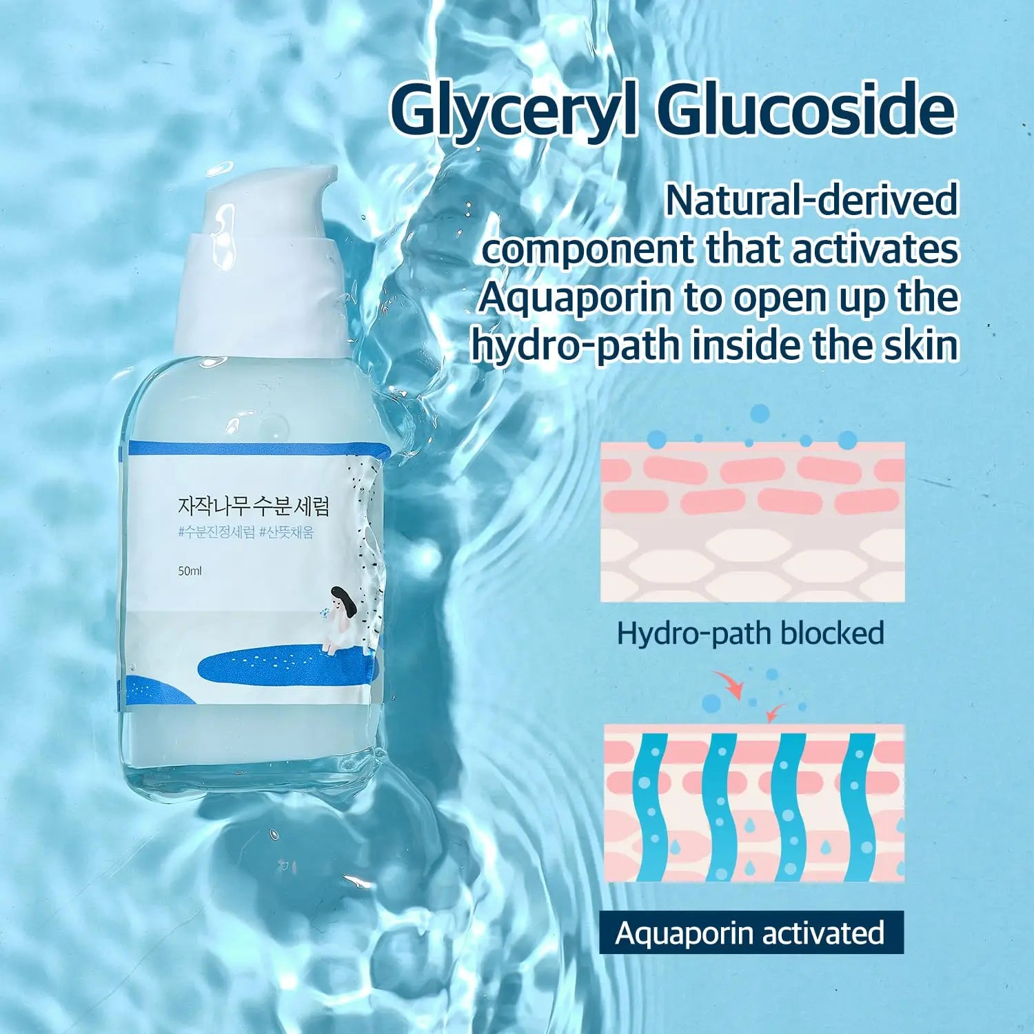 Bottle of ROUND LAB Birch Juice Moisturizing Serum (50 ml) on a water surface background with text explaining Glyceryl Glucoside activates aquaporin to open hydro-paths inside the skin.