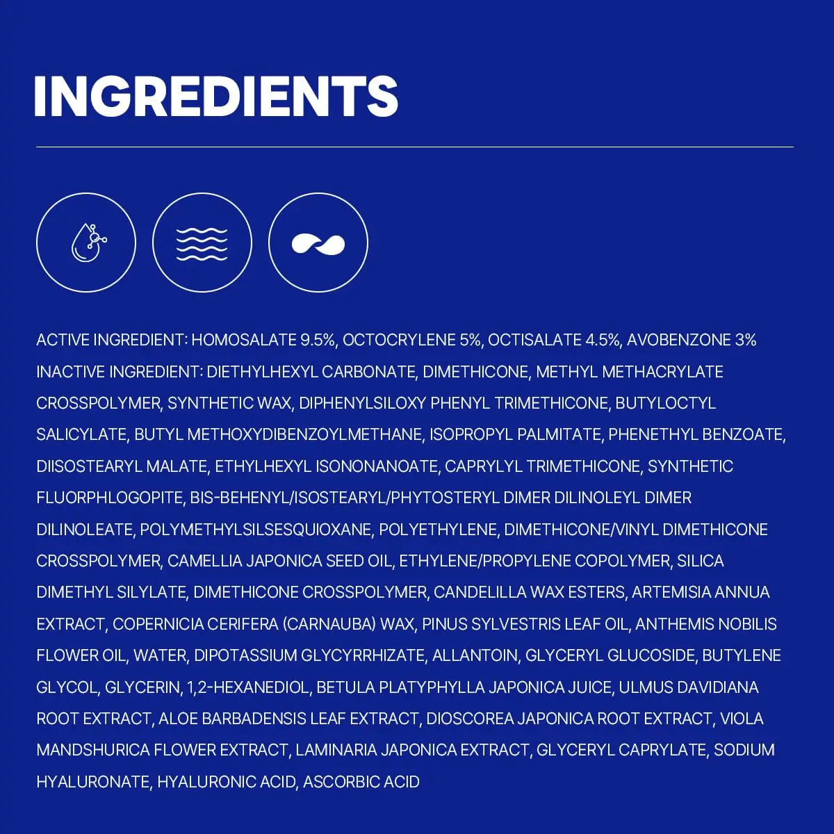 Ingredients list for ROUND LAB Birch Juice Moisturizing Sun Stick 19g showing active and inactive components, including homosalate, octocrylene, camellia japonica seed oil, sodium hyaluronate, and ascorbic acid in a detailed text layout against a blue background.