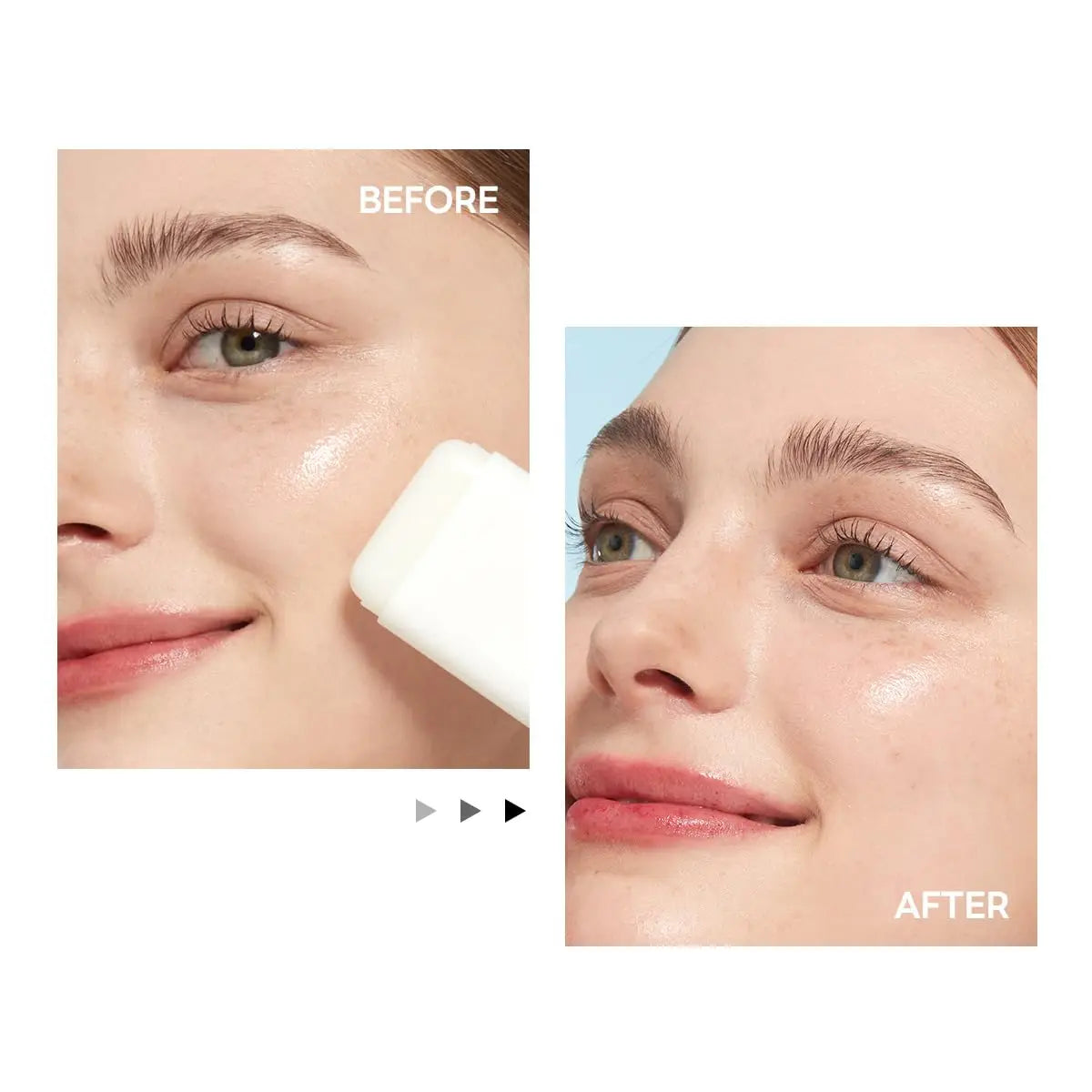 Close-up before and after images of a woman’s face showing the moisturizing effect of ROUND LAB Birch Juice Moisturizing Sun Stick 19g applied on her cheek for a radiant, hydrated complexion.