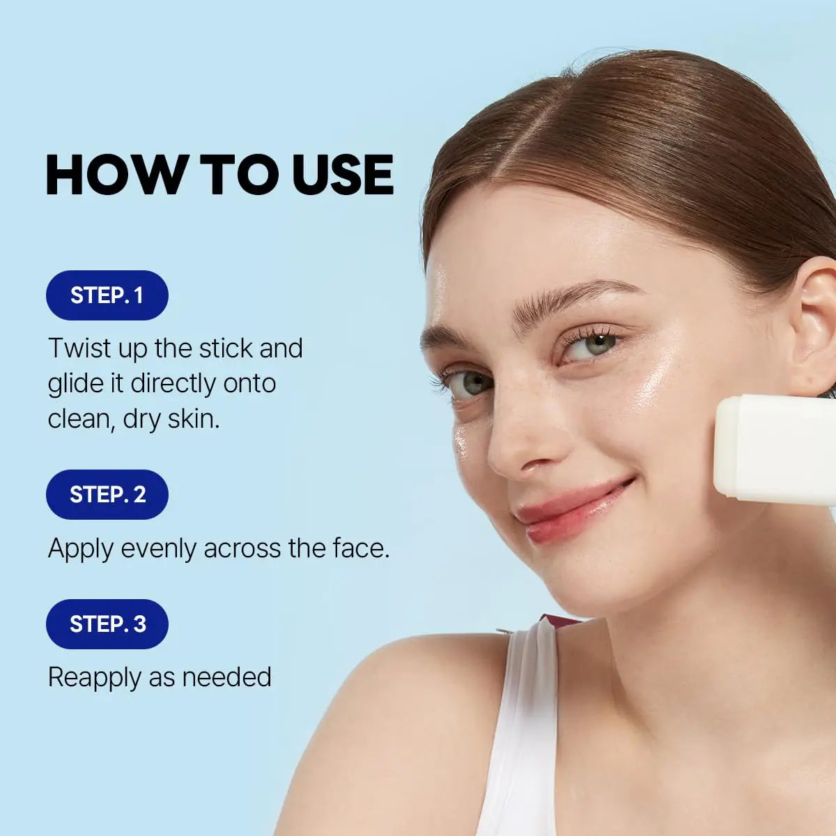 Woman demonstrating how to use ROUND LAB Birch Juice Moisturizing Sun Stick 19g with instructions to twist, apply evenly on clean, dry skin, and reapply as needed.