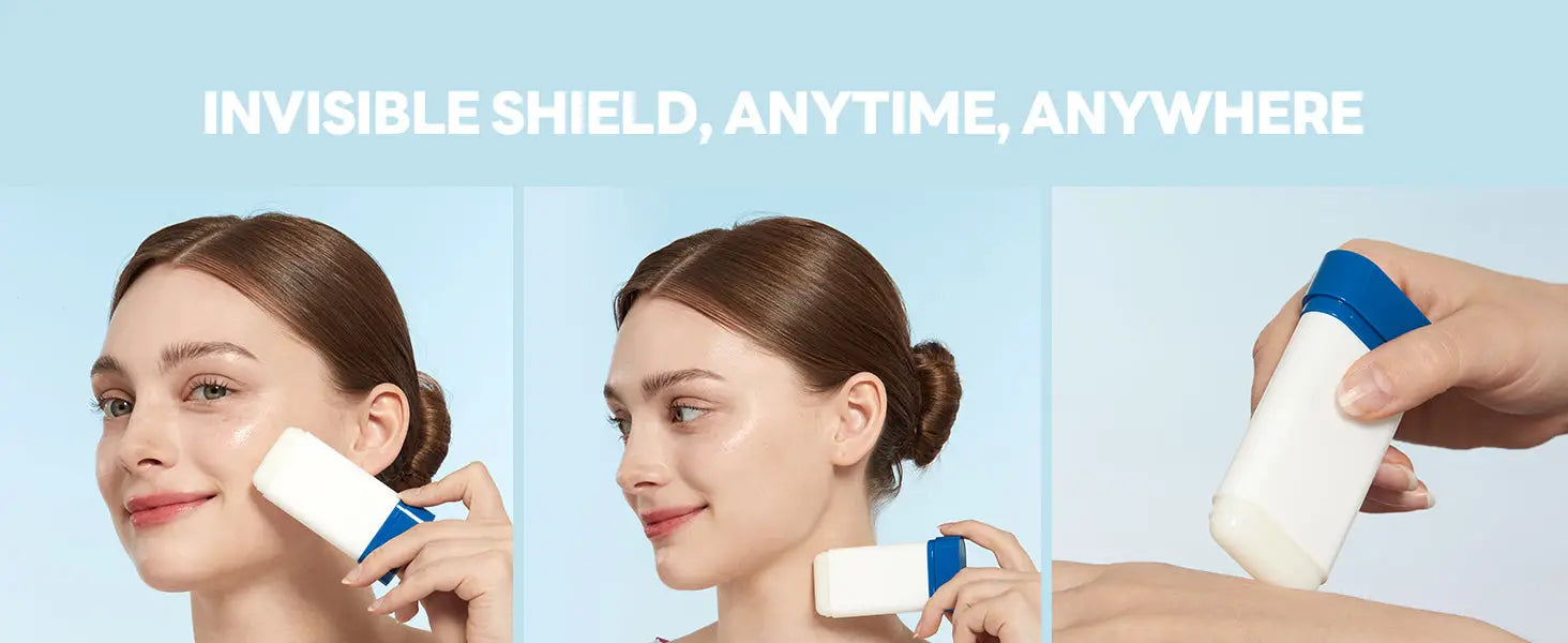 Woman applying ROUND LAB Birch Juice Moisturizing Sun Stick 19g on her cheek with close-up views showing product use and application angle against a light blue background.