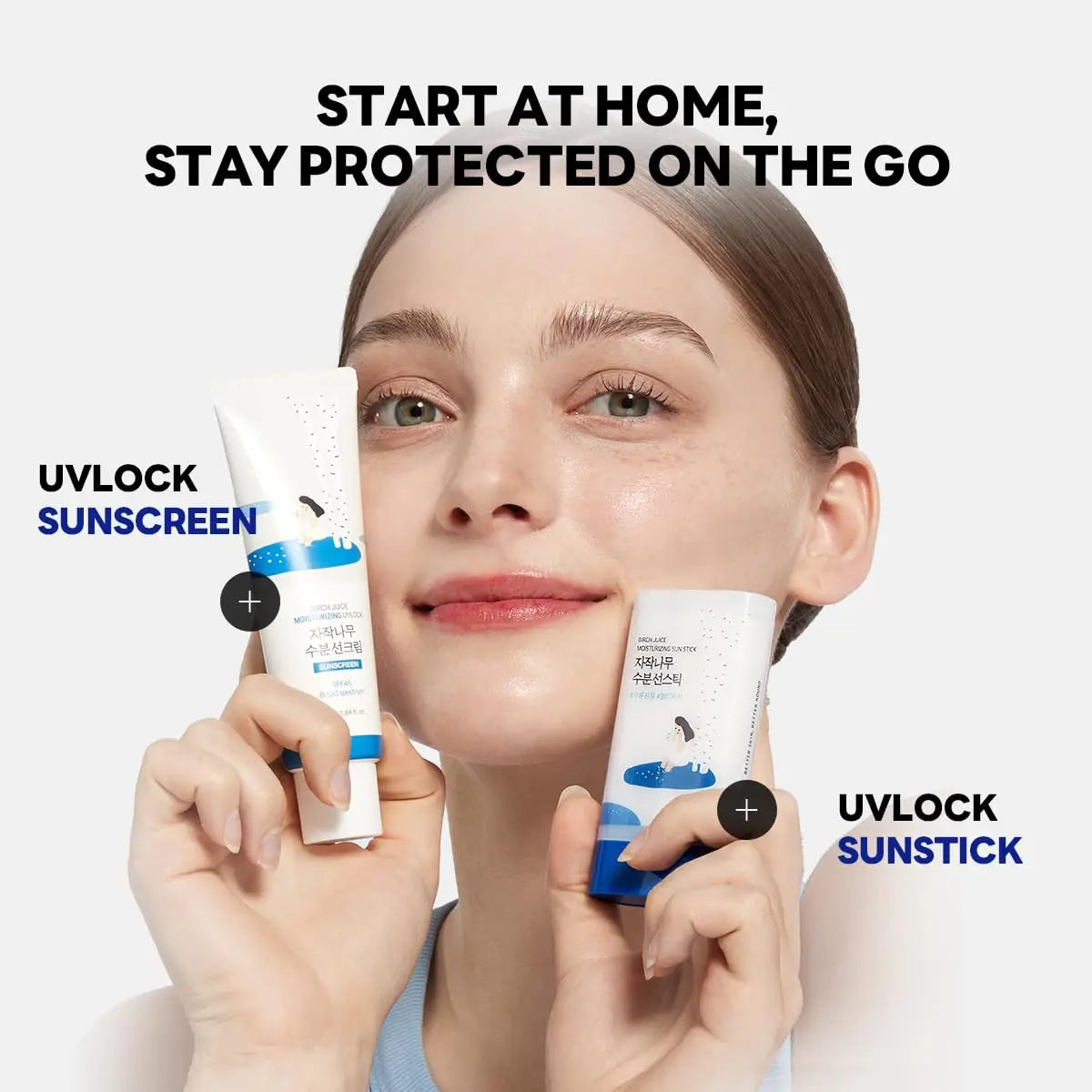 Woman holding ROUND LAB Birch Juice Moisturizing Sun Stick 19g and UVLock sunscreen lotion, promoting sun protection for home and on the go.