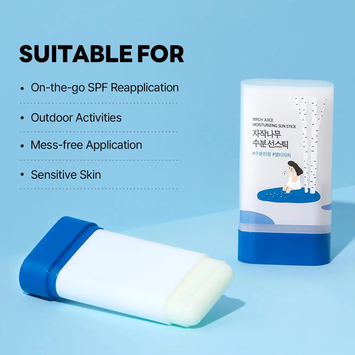 Container and stick of ROUND LAB Birch Juice Moisturizing Sun Stick 19g shown on a blue background with text highlighting suitability for on-the-go SPF reapplication, outdoor activities, mess-free application, and sensitive skin.