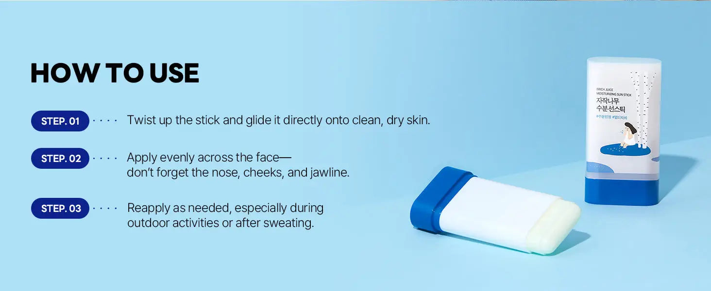 Instructional graphic showing how to use ROUND LAB Birch Juice Moisturizing Sun Stick 19g with steps to twist up the stick, glide it on clean dry skin, apply evenly on face including nose cheeks and jawline, and reapply as needed especially during outdoor activities or after sweating against a light blue background.