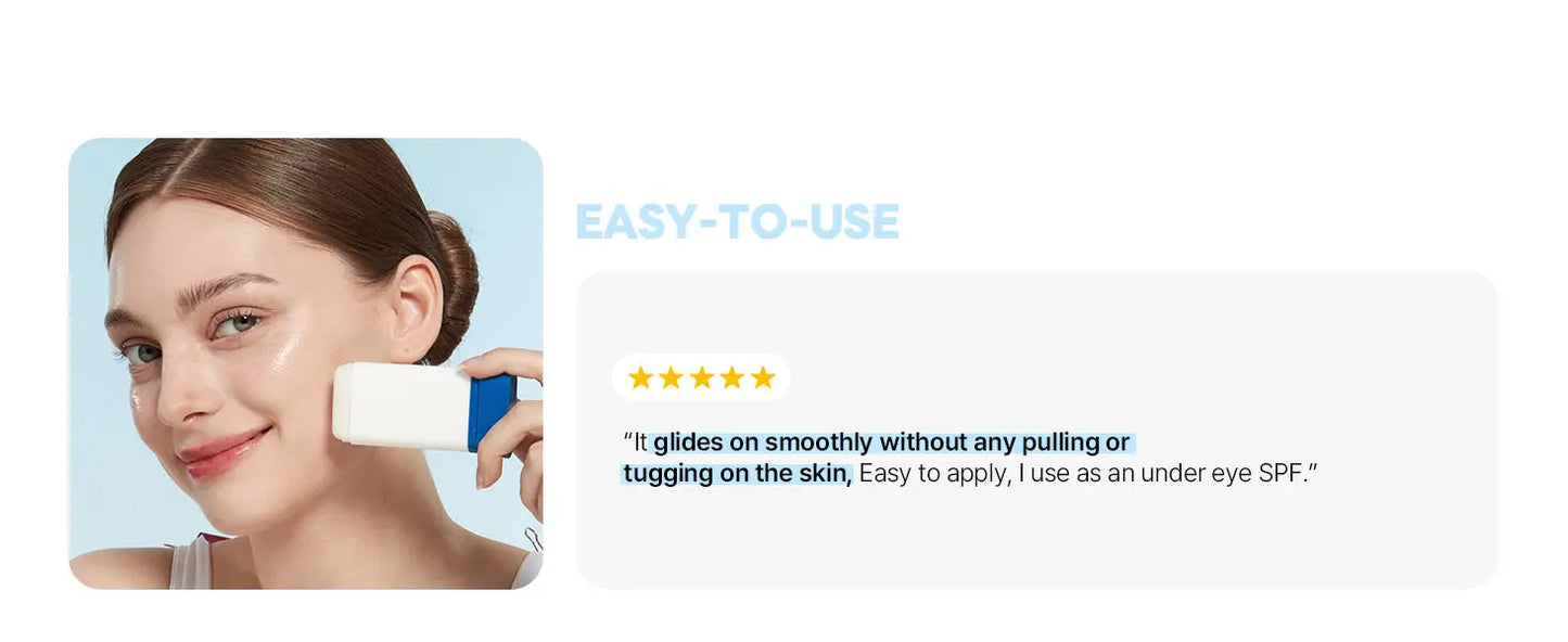 Woman smiling while applying ROUND LAB Birch Juice Moisturizing Sun Stick 19g to her face, demonstrating easy-to-use smooth application without pulling or tugging on the skin.