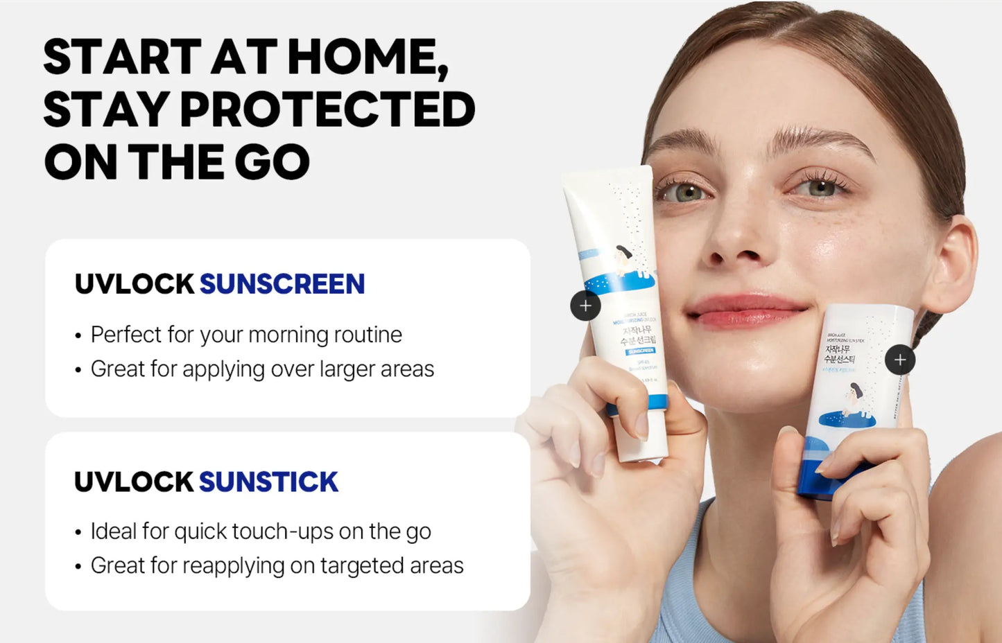 Woman holding ROUND LAB Birch Juice Moisturizing Sun Stick 19g and sunscreen tube, promoting easy on-the-go sun protection for targeted and larger areas.