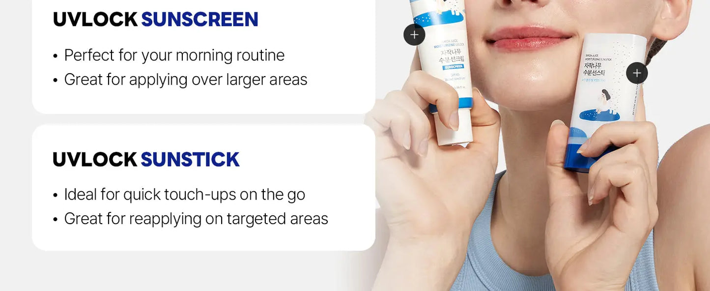 Person holding ROUND LAB Birch Juice Moisturizing Sun Stick 19g and a matching sunscreen product, demonstrating skincare application for facial protection and hydration.