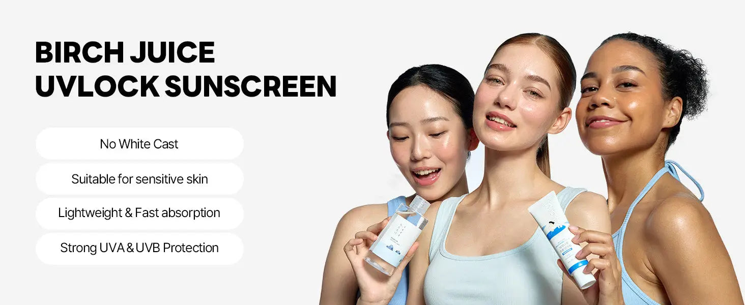 Three diverse women smiling and holding ROUND LAB Birch Juice Moisturizing Sunscreen 50ml tubes, promoting lightweight, fast-absorbing sun protection with UVA and UVB defense.