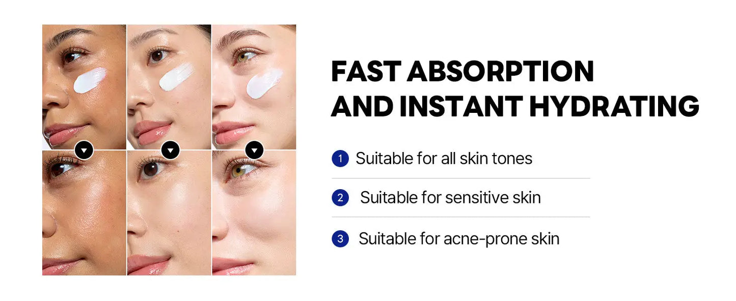 Close-up images showing the application of ROUND LAB Birch Juice Moisturizing Sunscreen 50ml on different skin tones with text highlighting fast absorption and hydrating benefits suitable for sensitive, acne-prone skin.