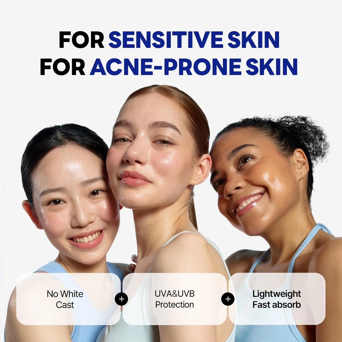 Three diverse women with glowing skin smiling, promoting ROUND LAB Birch Juice Moisturizing Sunscreen 50ml for sensitive and acne-prone skin with no white cast, UVA and UVB protection, and lightweight fast absorption.