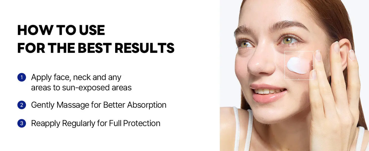Instructional image showing how to apply ROUND LAB Birch Juice Moisturizing Sunscreen 50ml on the face using gentle massage for better absorption and recommending reapplication for full sun protection