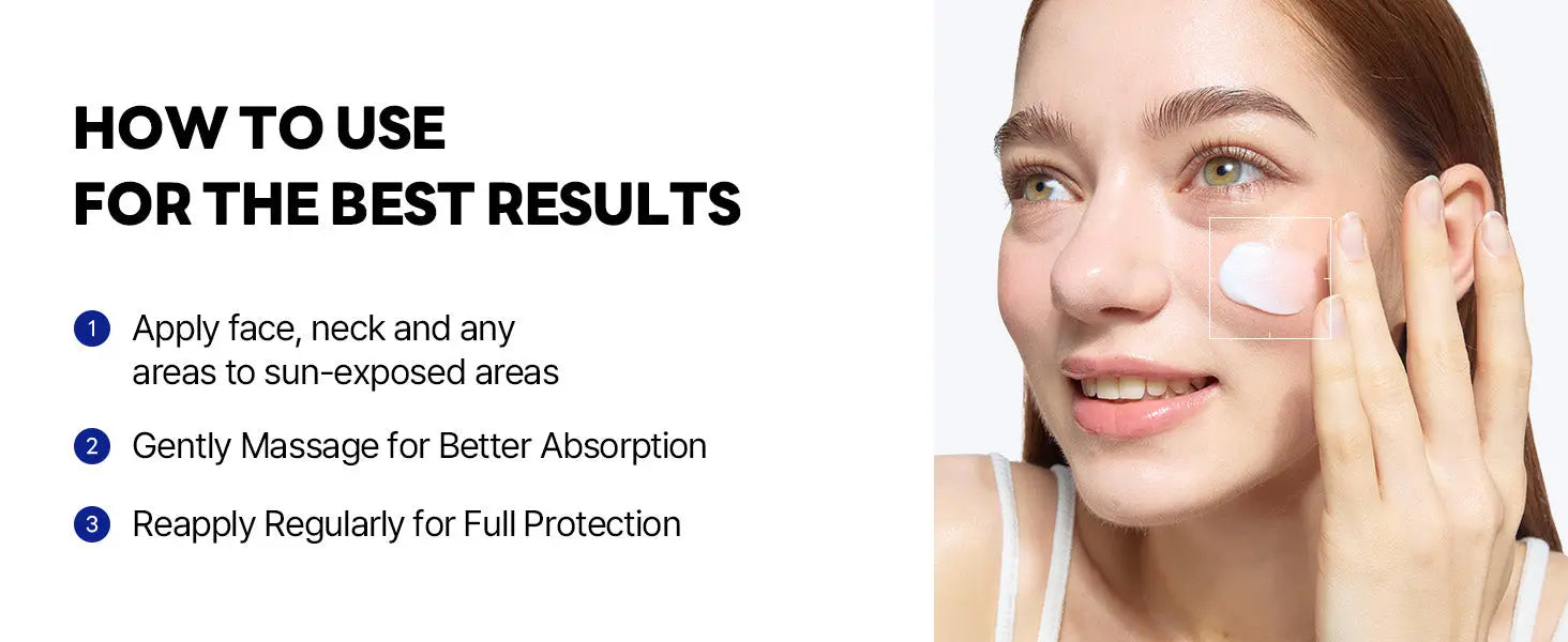 Instructional image showing how to apply ROUND LAB Birch Juice Moisturizing Sunscreen 50ml on the face using gentle massage for better absorption and recommending reapplication for full sun protection